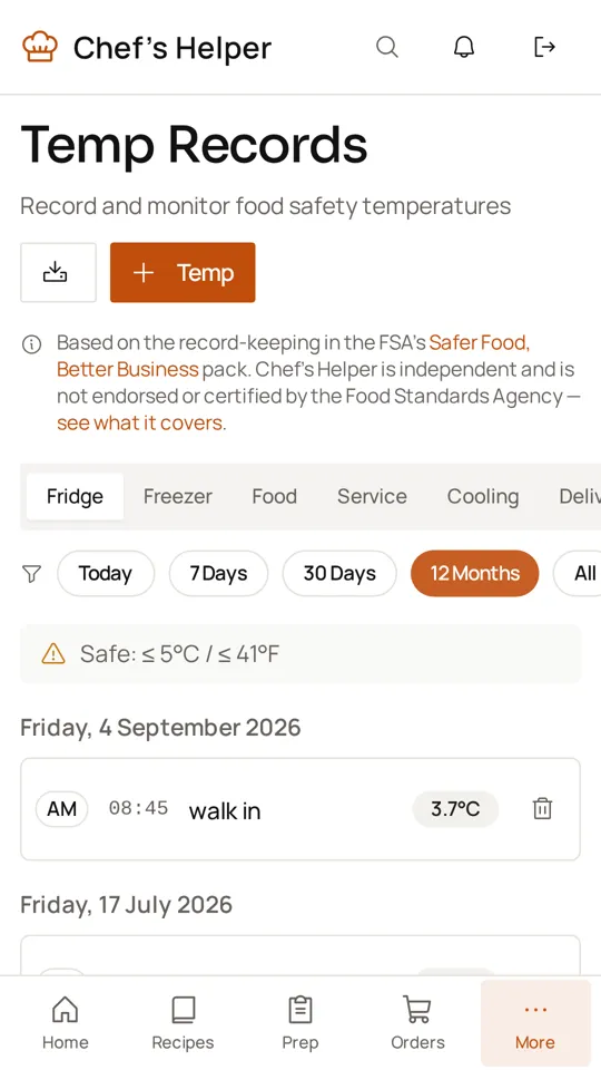 Chef’s Helper Android app: Digital HACCP temperature logs