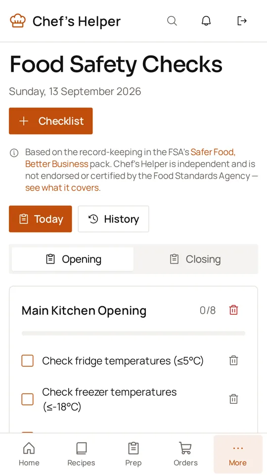 Chef’s Helper Android app: Opening and closing safety checks